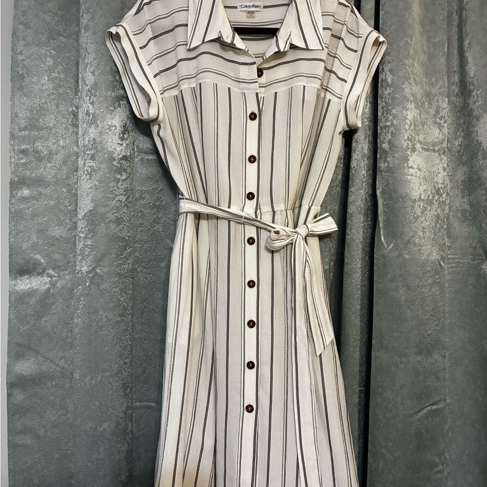 Calvin Klein Cream and Black Striped Midi Dress